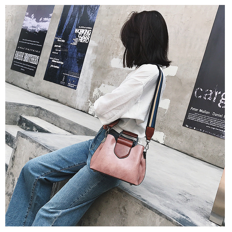 Oil wax leather bucket bag color shoulder strap handbag