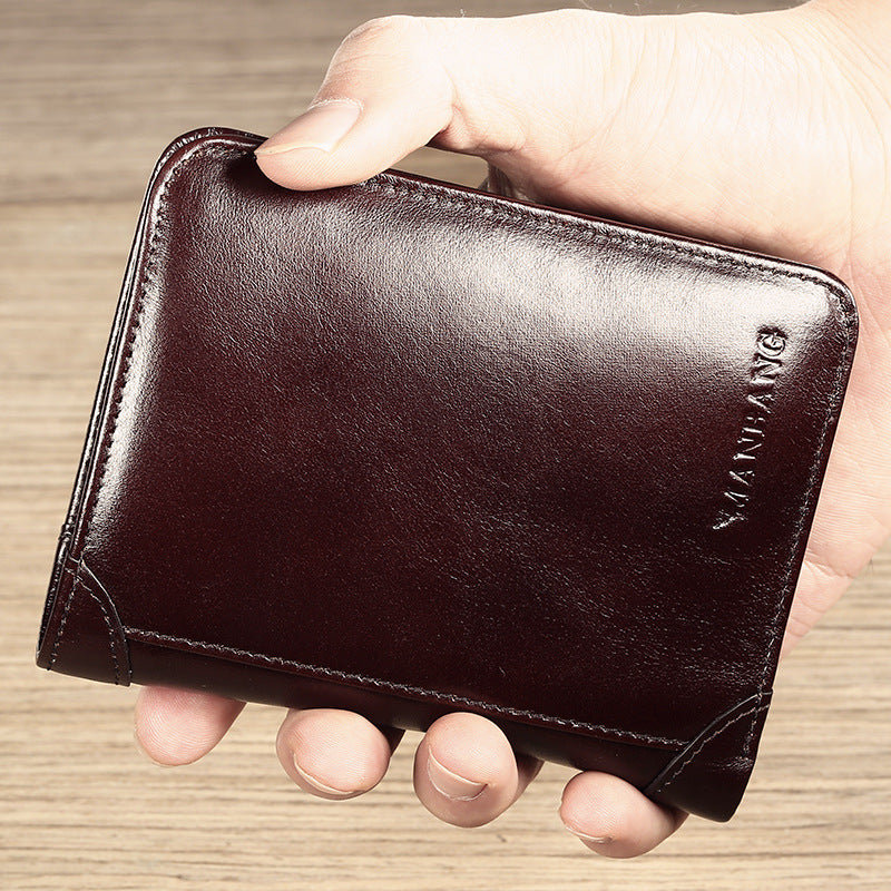 Men's top layer short leather wallet