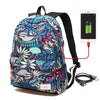 Tropical Print Backpack W USB Charging Port