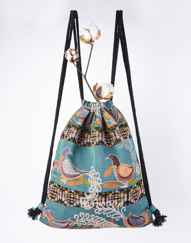 New color jacquard national wind drawstring bag shoulder bag flower cloth bundle pocket backpack