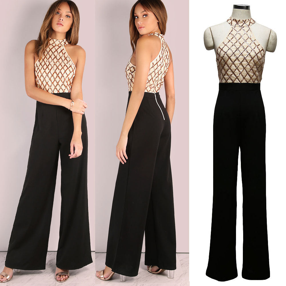 European and American women's sexy jumpsuit hanging neck sequins stitching trumpet jumpsuit trousers