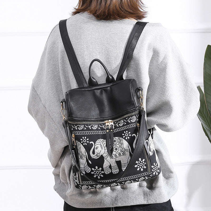 Multifunctional Ethnic Style Elephant Print Student One-shoulder Backpack