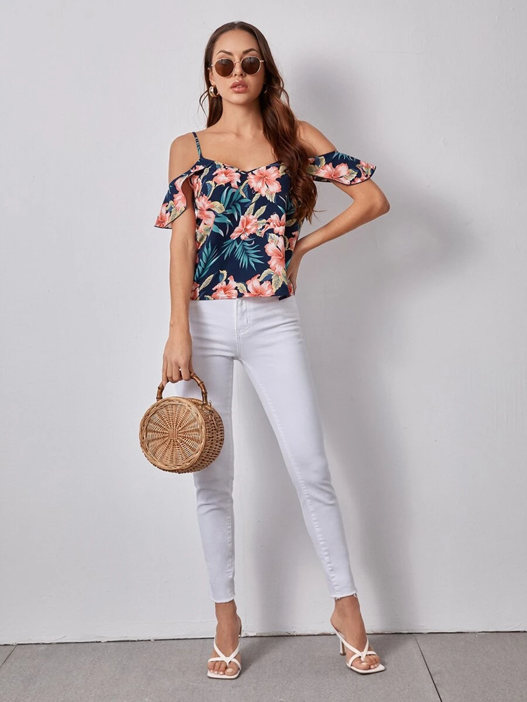 Cold Shoulder Tropical Print Top