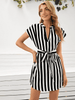 Striped Notched Neck High Low Belted Dress