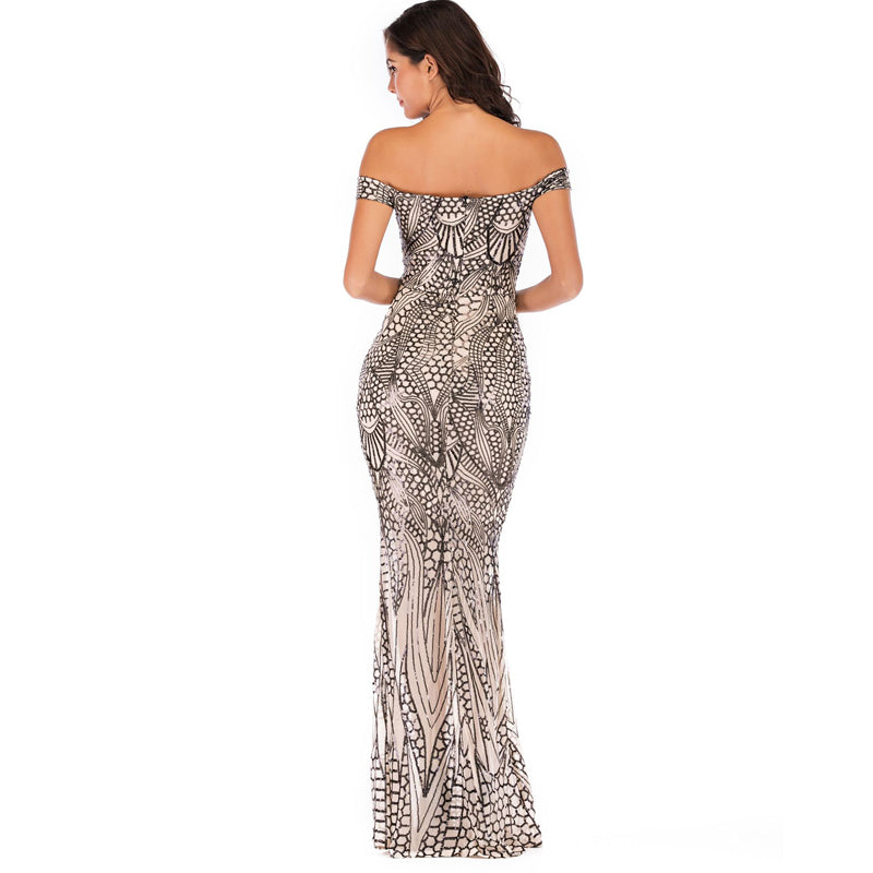 One-Line Neck Fish Scale Sequined Backless Sexy Slim Dress