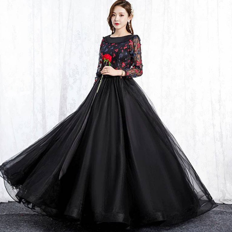 Black Park Collar Evening Dress Solo Host Performance, Pettiskirt Long Female