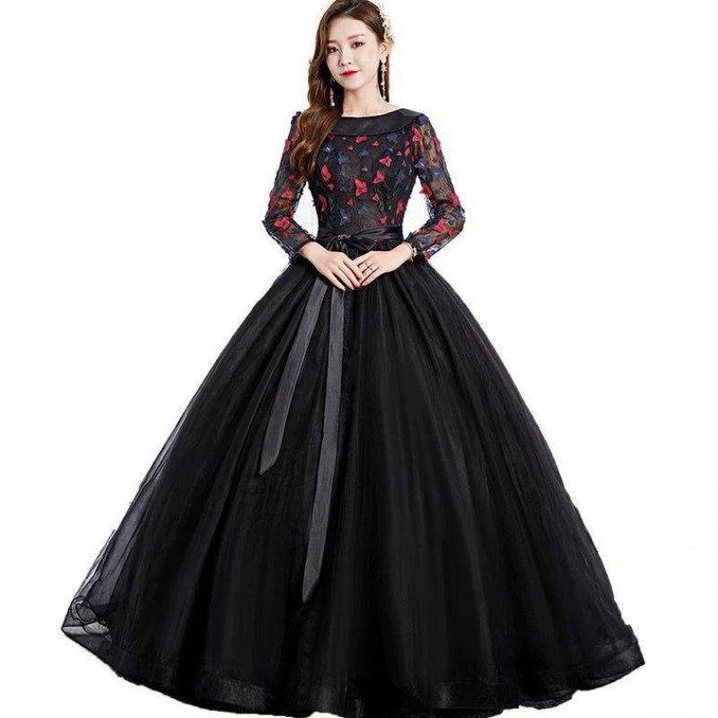 Black Park Collar Evening Dress Solo Host Performance, Pettiskirt Long Female