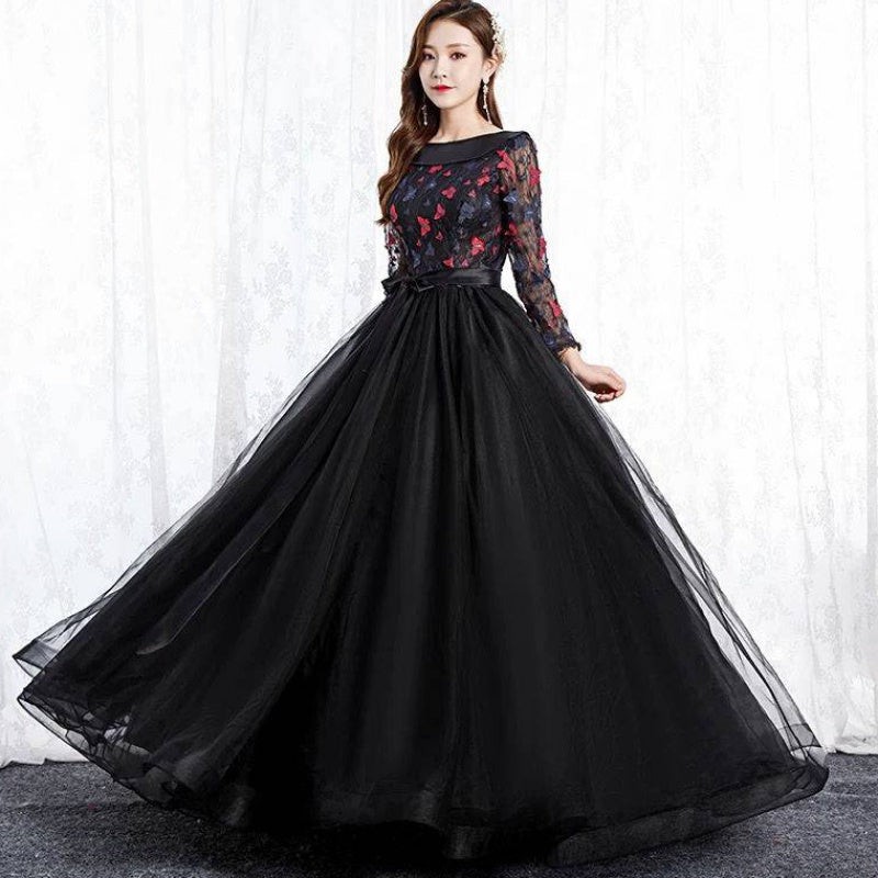 Black Park Collar Evening Dress Solo Host Performance, Pettiskirt Long Female