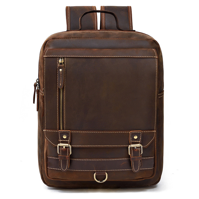 Retro Men's Backpack Leather Student School Bag Crazy Horse Leather Flap Backpack Top Layer Leather Leisure Travel Bag