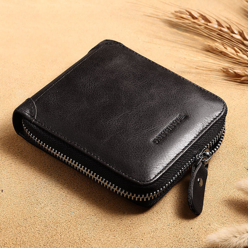 Manbang Full Zipper Top Layer Cowhide Wallet Men's Leather Short