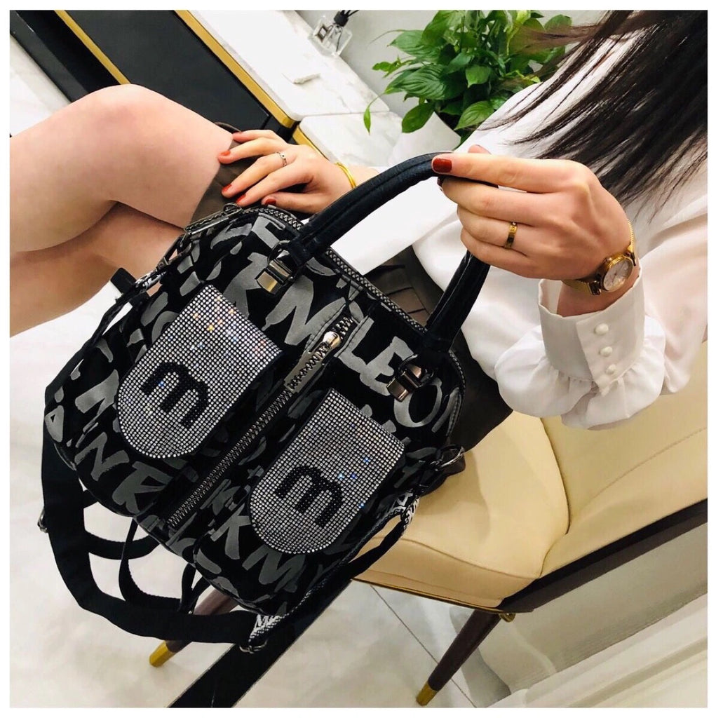 Letter Printing Hot Rhinestone Female Bag Backpack Fashion Three-Use Backpack Leisure Handbag