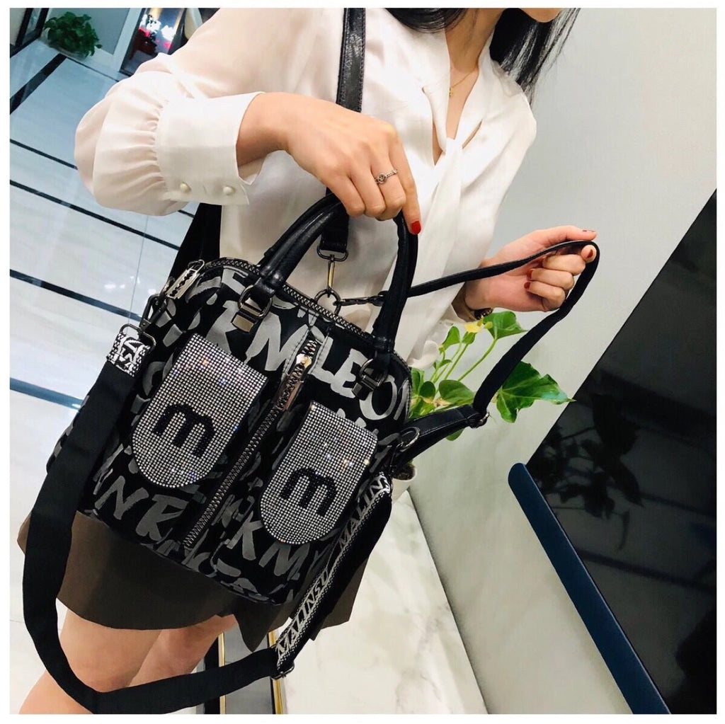 Letter Printing Hot Rhinestone Female Bag Backpack Fashion Three-Use Backpack Leisure Handbag