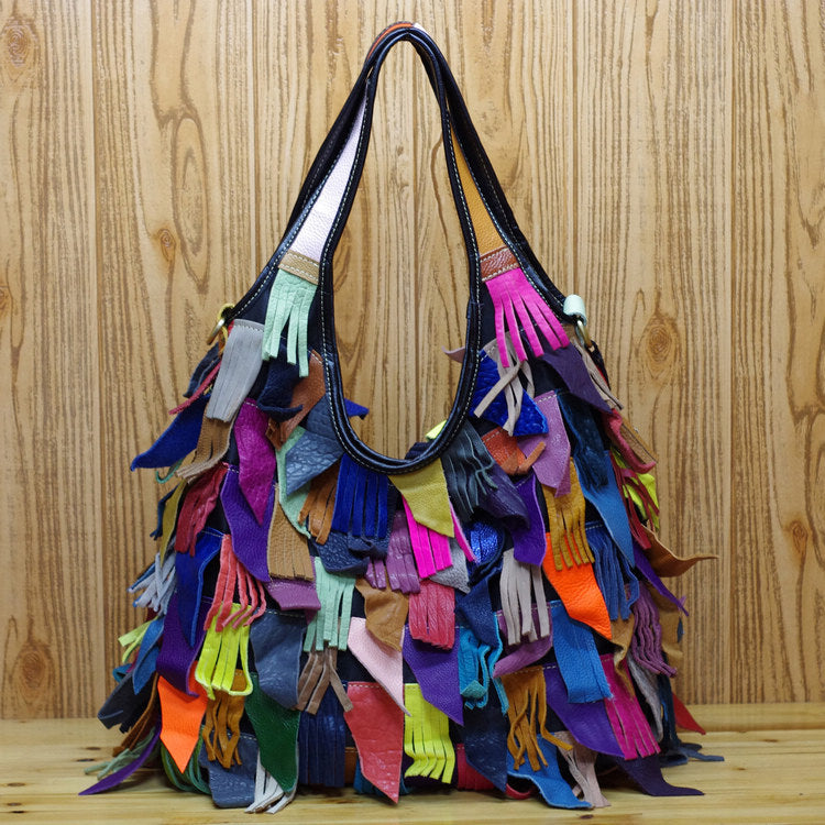 Colored Top Layer Cowhide Tassel Shoulder Bag