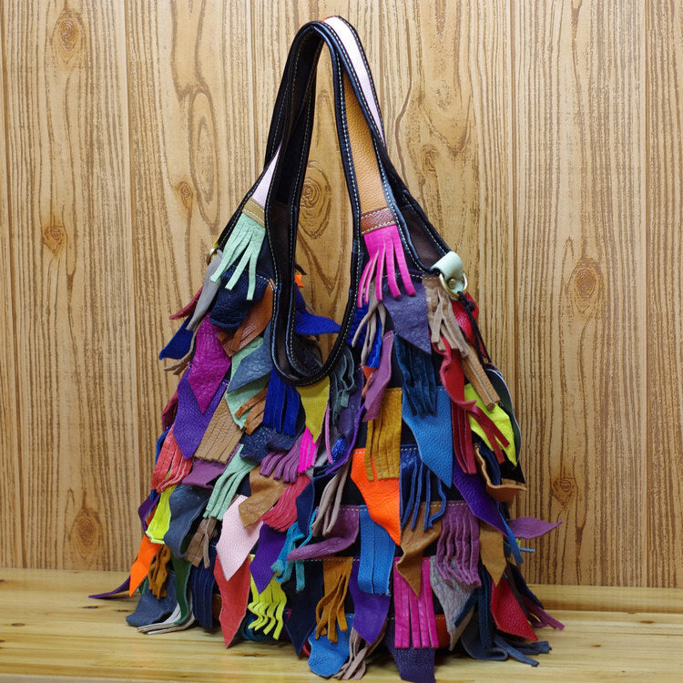 Colored Top Layer Cowhide Tassel Shoulder Bag