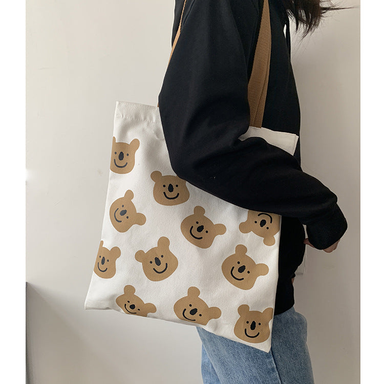 New Canvas Shoulder Shopper Bag for Women 2021 Girl Cartoon Bear White Female Handbags Cloth Shopping Bags Ladies Tote Beach Bag