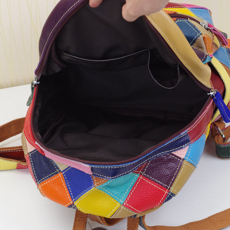 One Generation Of Leather Handbags, New First Layer Cowhide Handmade Contrast Color Backpack Ladies Backpack