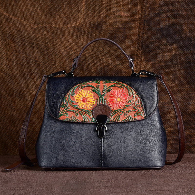 Embossed Retro Hand Rub Color Portable Diagonal Handbag
