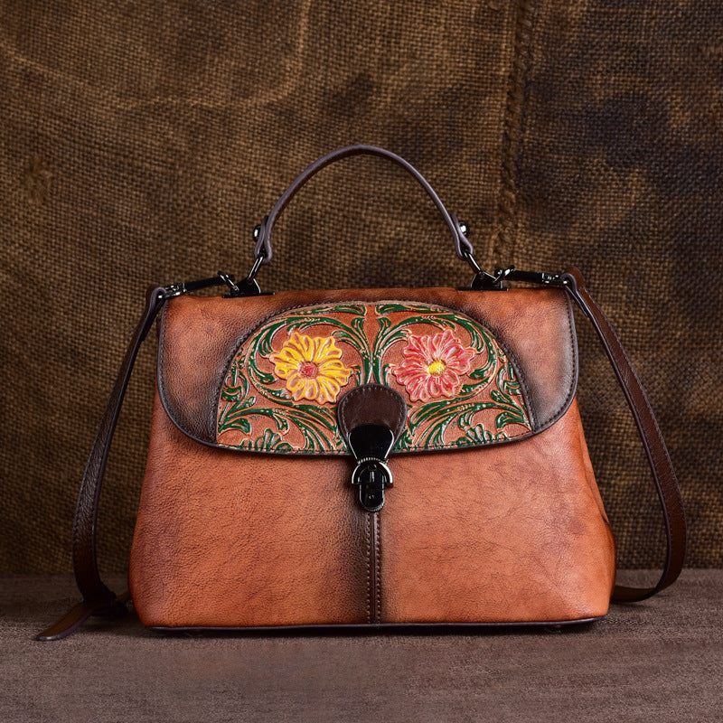 Embossed Retro Hand Rub Color Portable Diagonal Handbag