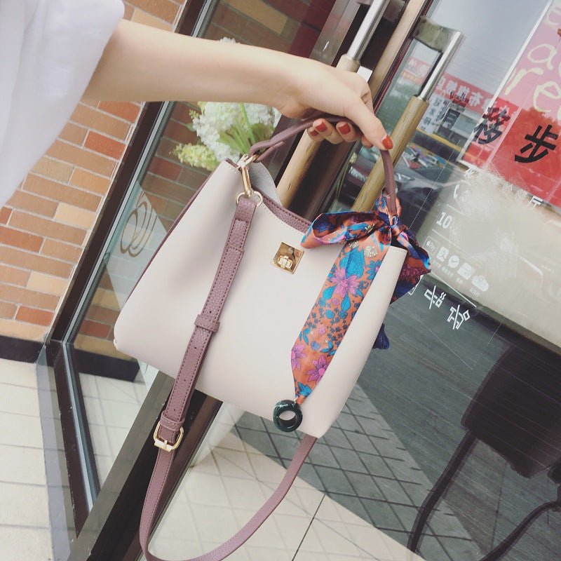 Fashion Casual Hit Color Bucket Bag Simple One-Shoulder Messenger Bag Silk Scarf Handbag