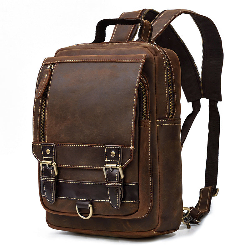 Horse Leather Men'S Backpack Multifunctional Leather Student Backpack Outdoor Travel Chest Bag Messenger Bag