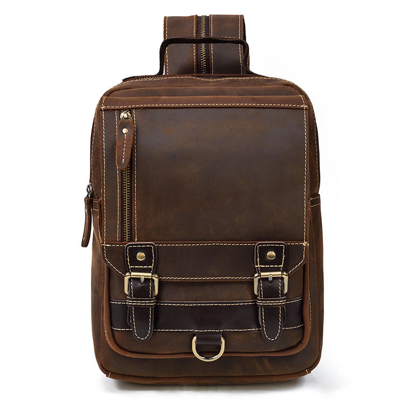 Horse Leather Men'S Backpack Multifunctional Leather Student Backpack Outdoor Travel Chest Bag Messenger Bag