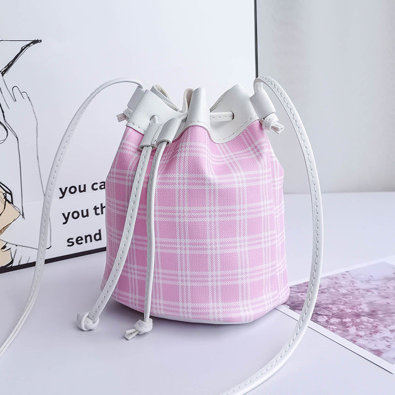 New And Sweet Beauty Style Bucket Bag Checked Neckline Drawstring Messenger Shoulder Bag