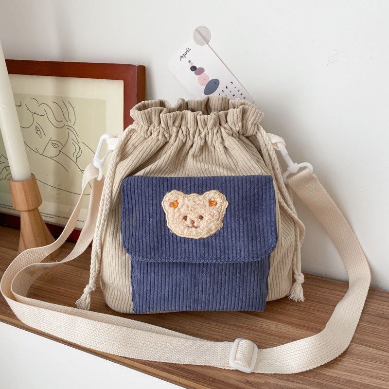 Student Corduroy Drawstring Bucket Bag