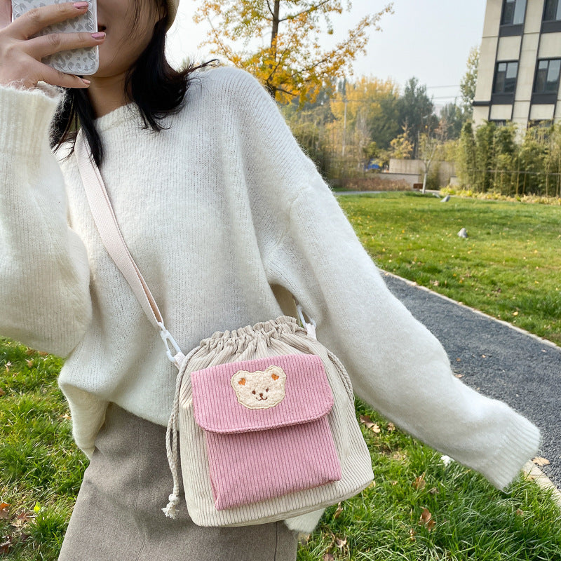 Student Corduroy Drawstring Bucket Bag