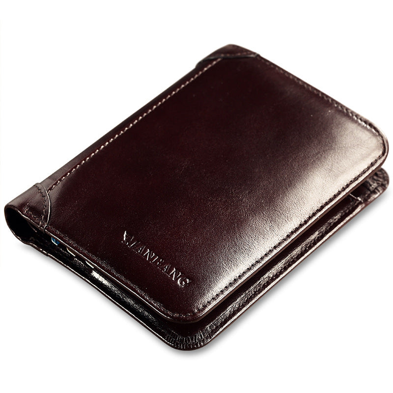 Men's top layer short leather wallet