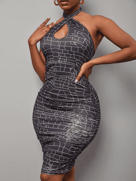 Halterneck Geo Print Ruched Bodycon Dress