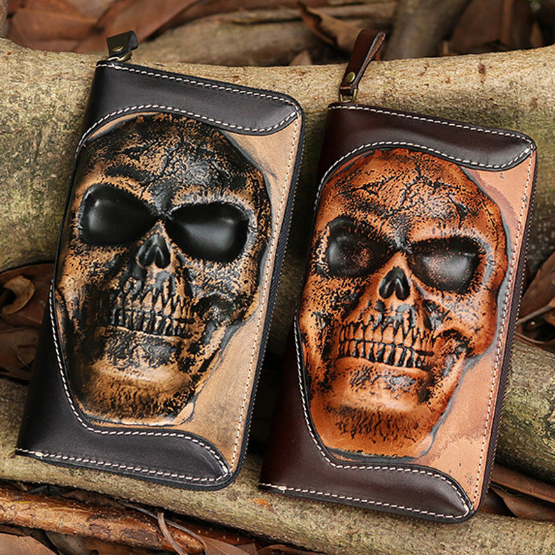 Cowhide Skull Ghost Head Men's Zipper Wallet