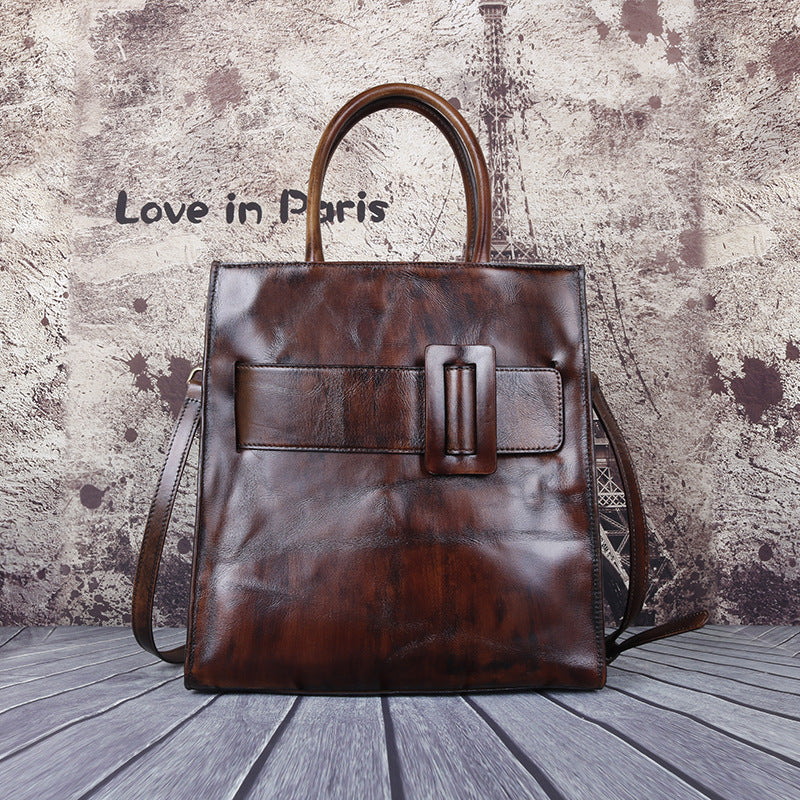 Fashionable Top Layer Cowhide Chinese Style Large-Capacity One-Shoulder Diagonal Handbag