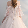 Flower Pattern Off-Shoulder Mesh Flare Sleeve Floor Length Wedding Gown