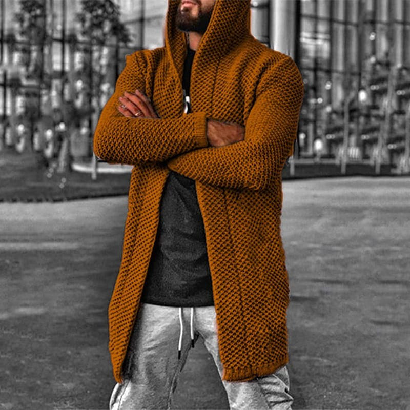 Men Fashion Solid Color Hooded Cardigan Knitwear