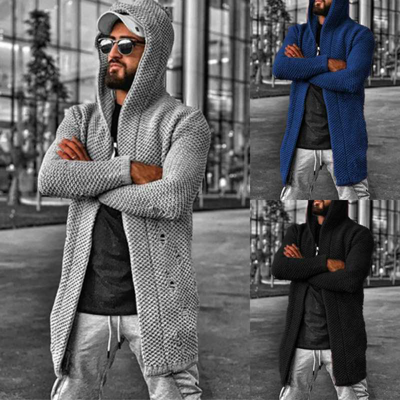 Men Fashion Solid Color Hooded Cardigan Knitwear