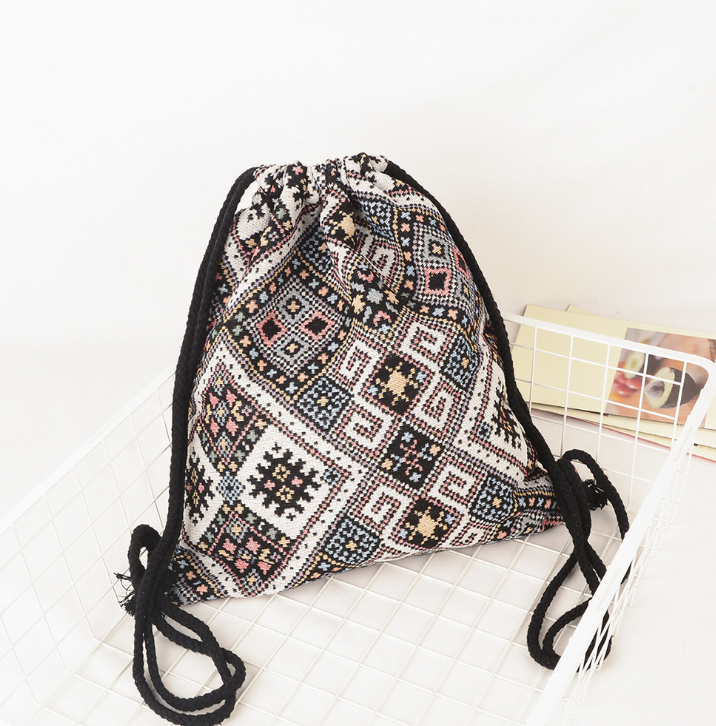 New color jacquard national wind drawstring bag shoulder bag flower cloth bundle pocket backpack