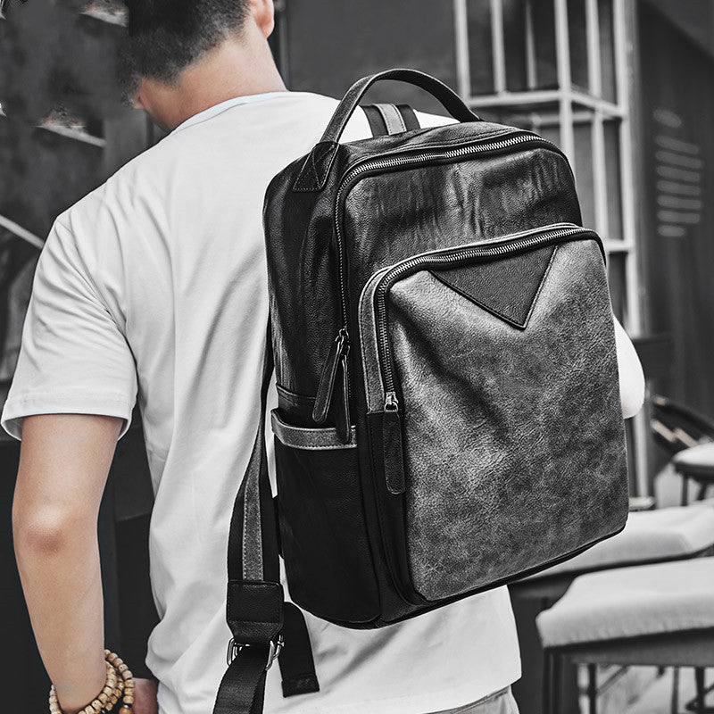 Fashion Waterproof Men Black PU Leather Backpack School Bag