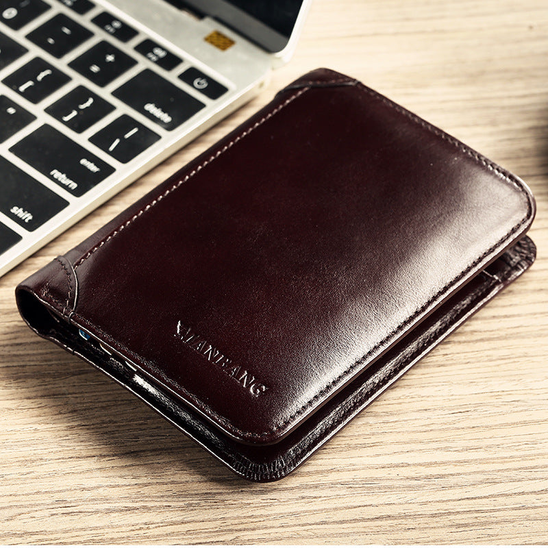 Men's top layer short leather wallet