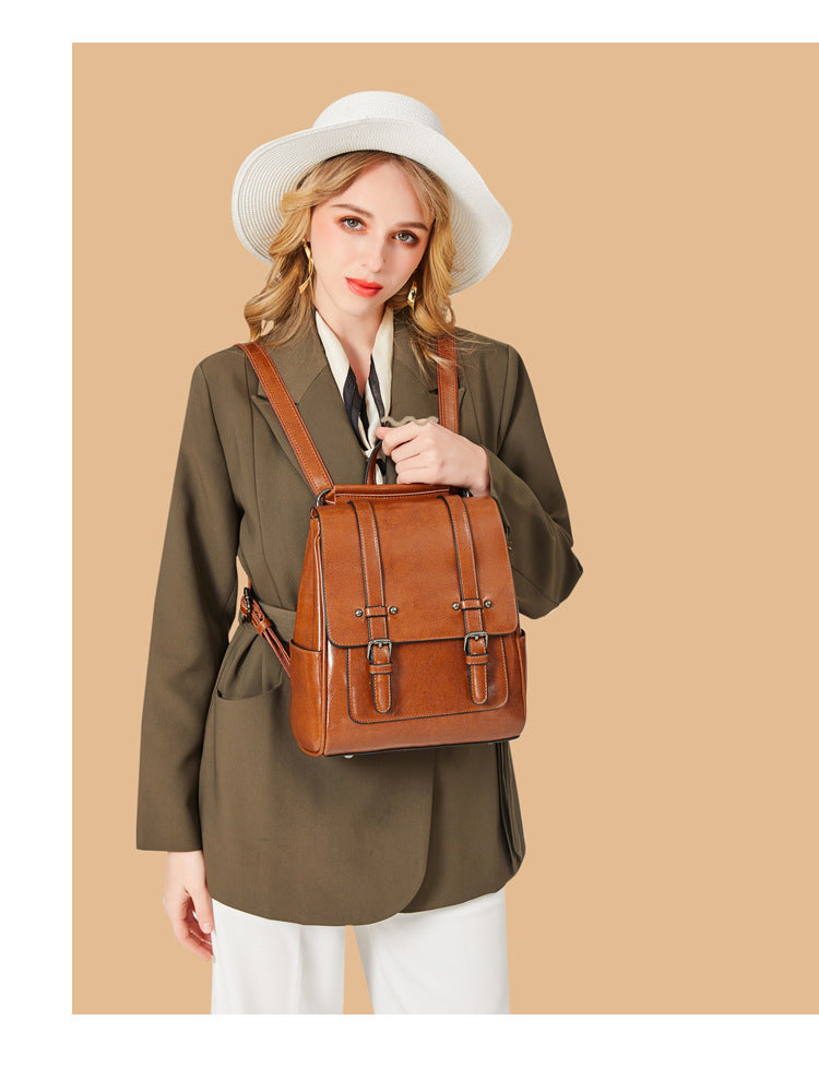 Oil Wax Leather Shoulders Versatile Single Backpack