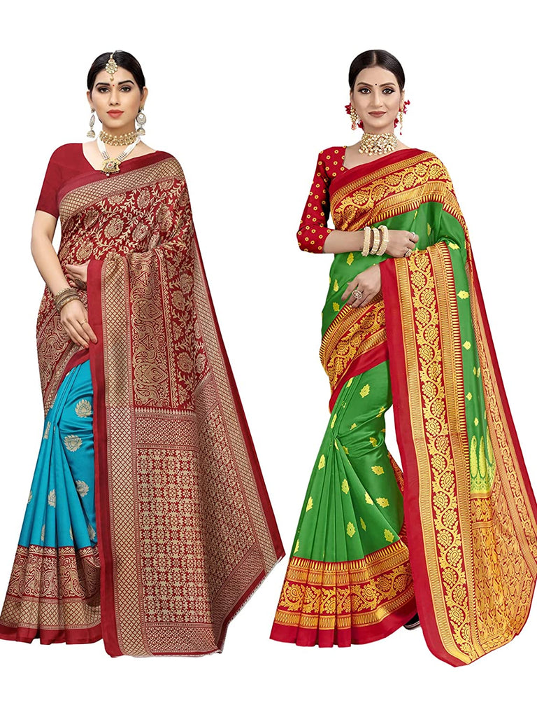 Combo Pack Of 2 - Women's Printed Poly Silk Saree With Blouse Indian Traditional Saree Wedding Dress Handmade Famous Actress Style Party Wear Free Size  Ethenic Wear Clothes For Women