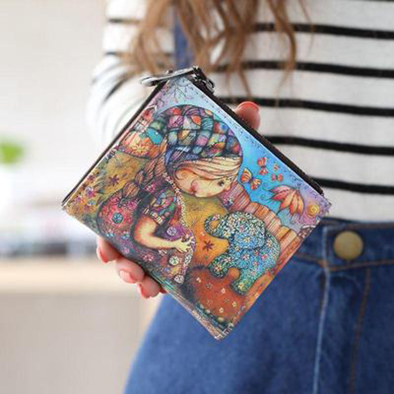 New Women's Short Wallet Japanese And South Korean Cute Cartoons Double Zipper Student Card Holder