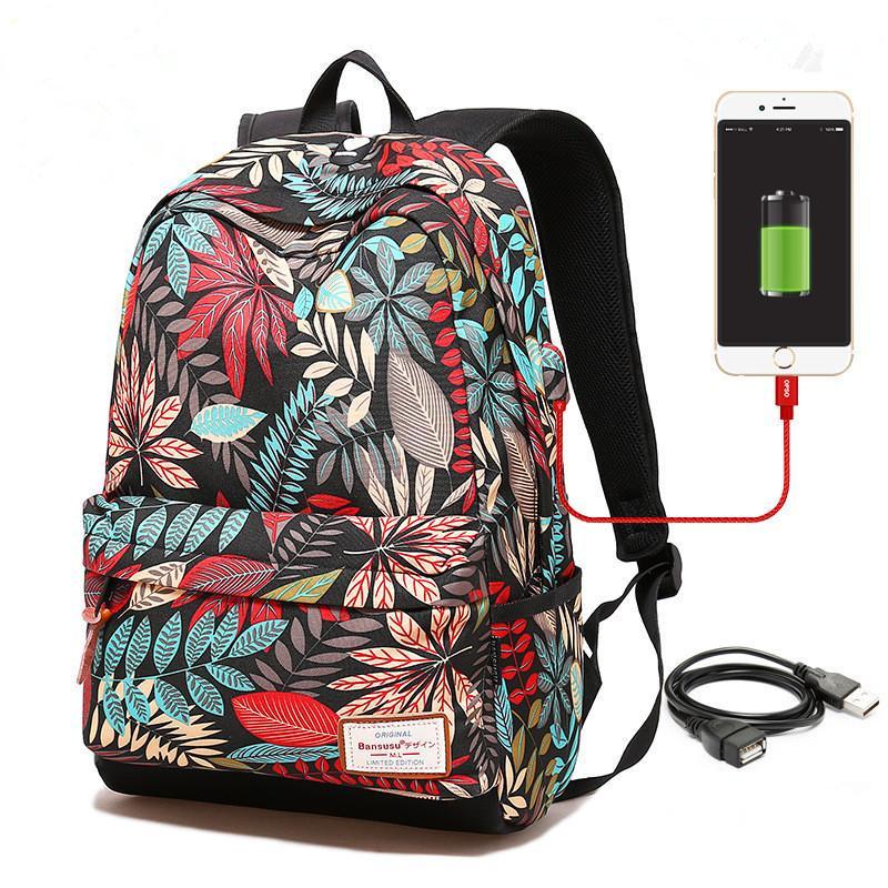 Tropical Print Backpack W USB Charging Port