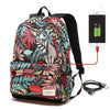 Tropical Print Backpack W USB Charging Port