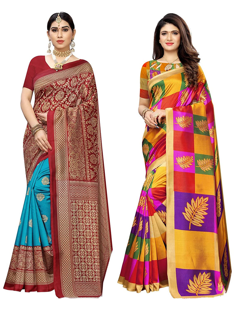 Combo Pack Of 2 - Women's Printed Poly Silk Saree With Blouse Indian Traditional Saree Wedding Dress Handmade Famous Actress Style Party Wear Free Size  Ethenic Wear Clothes For Women