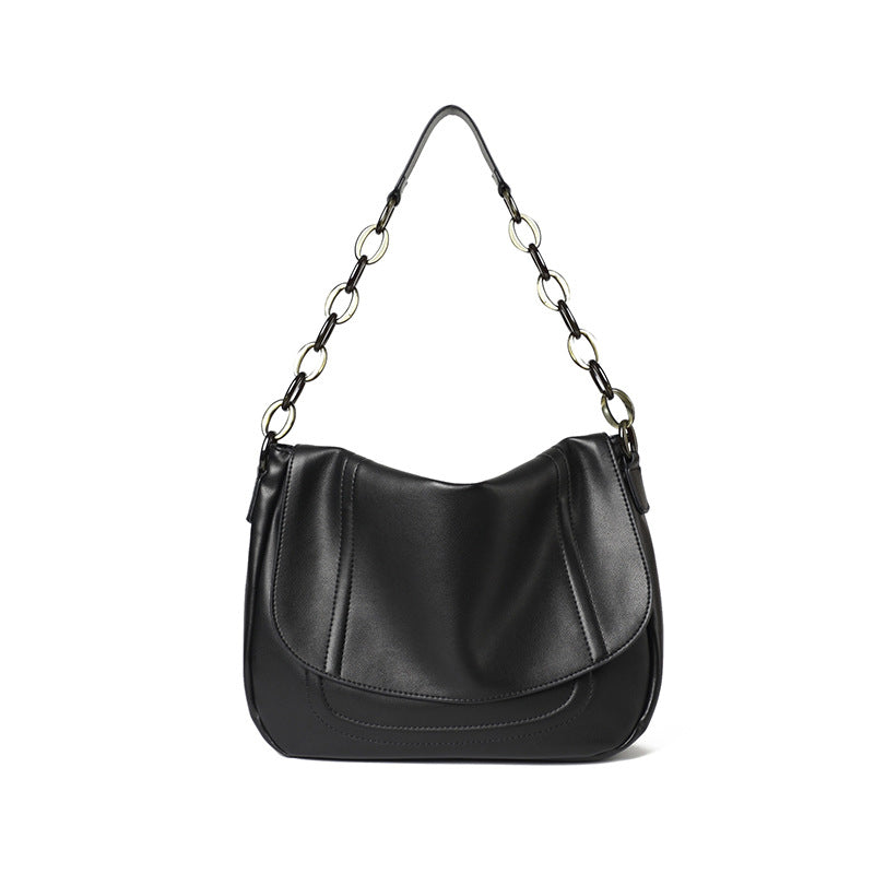 Real leather black flip shoulder bag