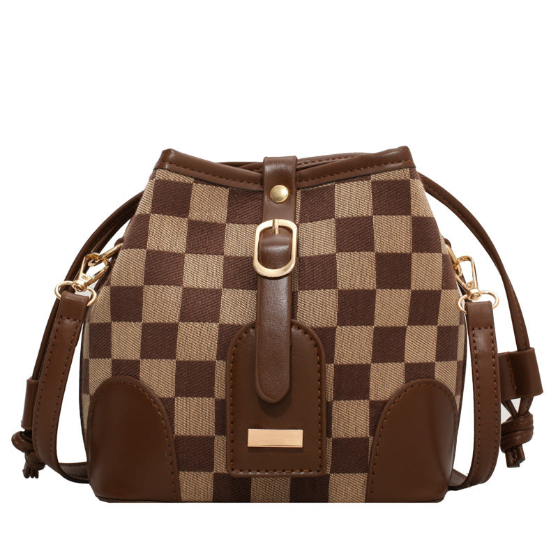 Checkered Drawstring Personality Bucket Bag Shoulder Bag Messenger Bag