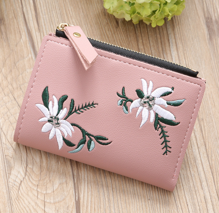 Embroidered thin zipper female wallet