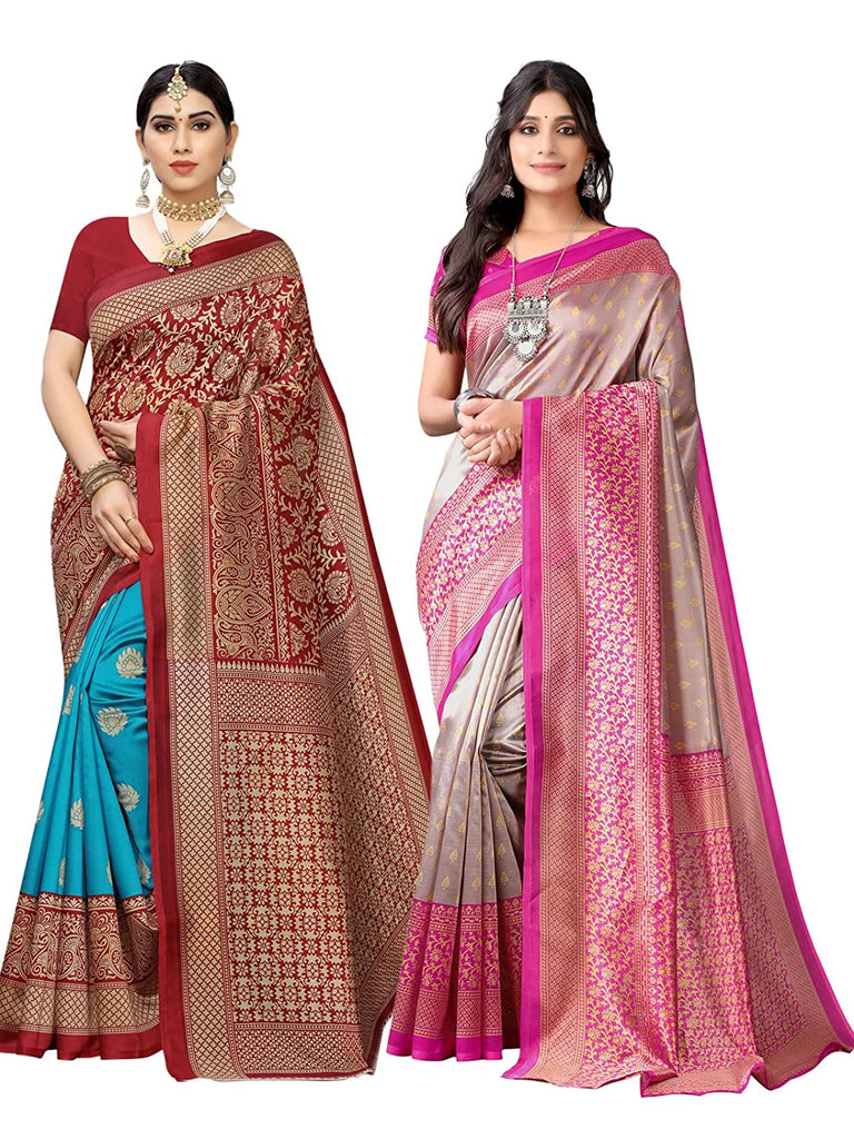 Combo Pack Of 2 - Women's Printed Poly Silk Saree With Blouse Indian Traditional Saree Wedding Dress Handmade Famous Actress Style Party Wear Free Size  Ethenic Wear Clothes For Women