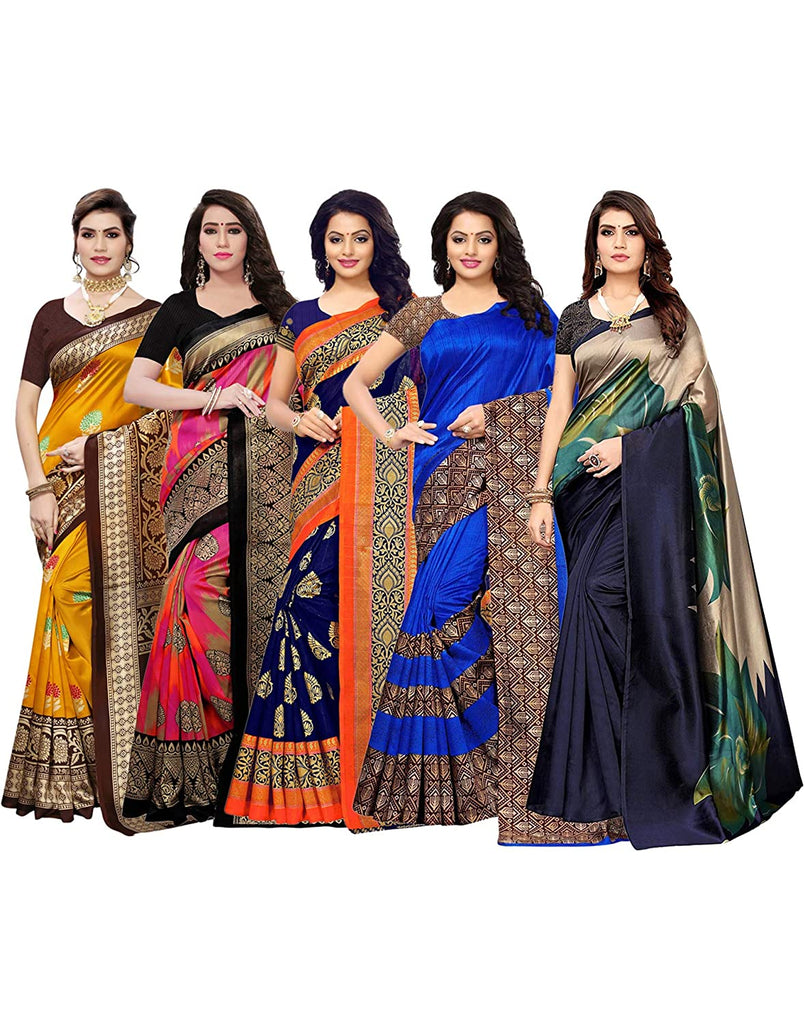 Women's Poly Silk Printed Saree Pack Of 5 - Indian Traditional Saree Wedding Dress Handmade Famous Actress Style Party Wear Free Size  Ethenic Wear Clothes For Women