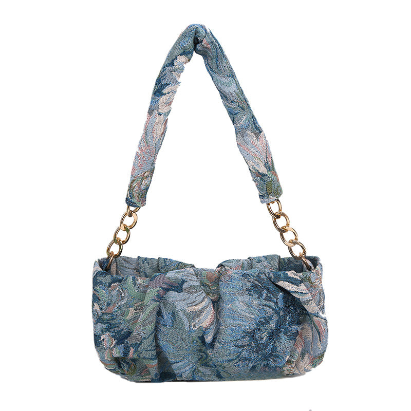 Blue Flowers Oil Painting Shoulder Cloud Bag